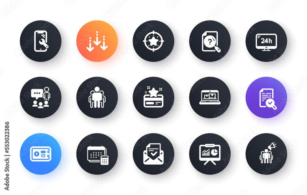 Minimal set of Inspect, Presentation and Safe box flat icons for web development. Group, Smartphone repair, 24h service icons. Account, Approved mail, Scroll down web elements. Vector Minimal set of Inspect, Presentation and Safe box flat icons for web development. Group, Smartphone repair, 24h service icons. Account, Approved mail, Scroll down web elements. Vector