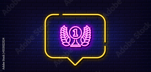 Neon light speech bubble. Laureate award line icon. Winner prize symbol. Prize with Laurel wreath sign. Neon light background. Laureate award glow line. Brick wall banner. Vector