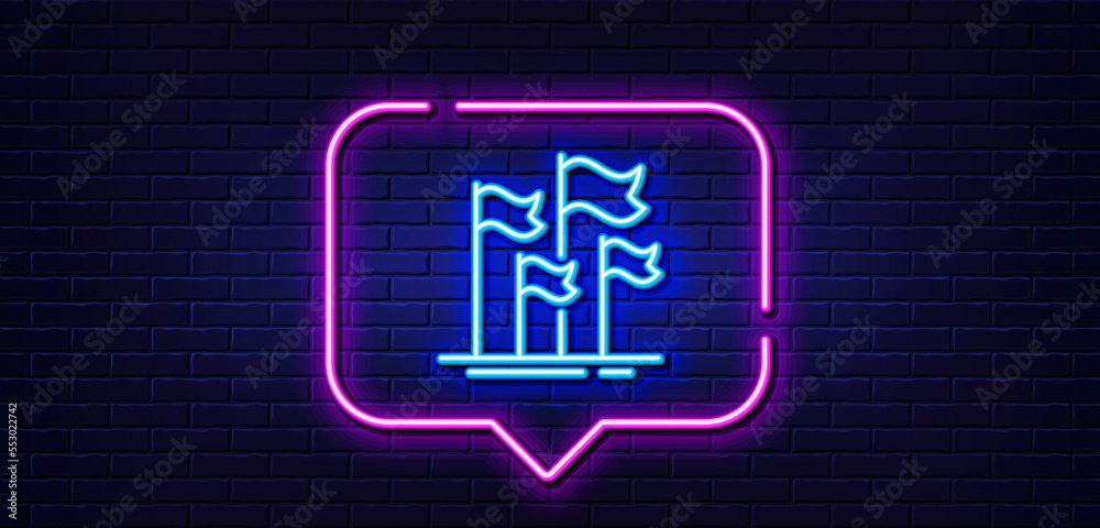 Neon light speech bubble. Flags line icon. Goal success sign. Leadership symbol. Neon light background. Flags glow line. Brick wall banner. Vector Neon light speech bubble. Flags line icon. Goal success sign. Leadership symbol. Neon light background. Flags glow line. Brick wall banner. Vector