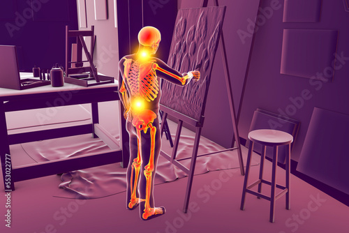 Professional musculoskeletal disorders in artists. Man artist with highlighted skeleton is painting on canvas in studio and having back and neck pain, 3D illustration