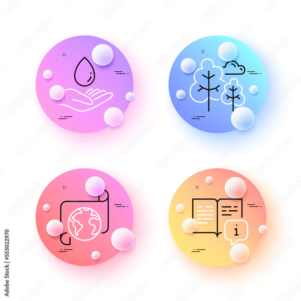 Manual, Tree and Translation service minimal line icons. 3d spheres or balls buttons. Water care icons. For web, application, printing. Read book, Forest plants, Business document. Aqua drop. Vector Manual, Tree and Translation service minimal line icons. 3d spheres or balls buttons. Water care icons. For web, application, printing. Read book, Forest plants, Business document. Aqua drop. Vector