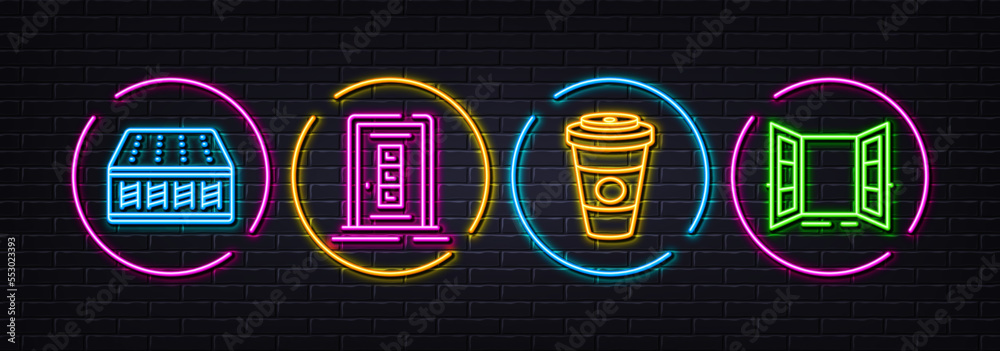 Door, Mattress and Takeaway coffee minimal line icons. Neon laser 3d lights. Open door icons. For web, application, printing. Pocket spring, Hot latte drink, Entrance. Neon lights buttons. Vector