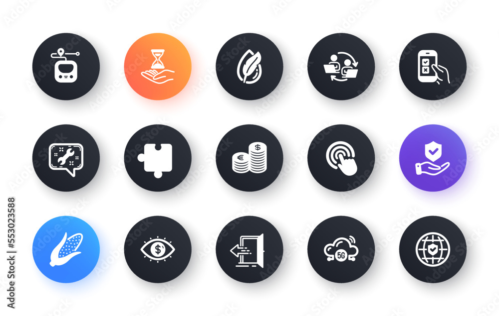 Minimal set of Currency, Mobile survey and Hypoallergenic tested flat icons for web development. Corn, Puzzle, Entrance icons. Spanner, 5g cloud, Time hourglass web elements. Vector Minimal set of Currency, Mobile survey and Hypoallergenic tested flat icons for web development. Corn, Puzzle, Entrance icons. Spanner, 5g cloud, Time hourglass web elements. Vector