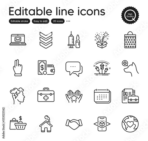 Set of Business outline icons. Contains icons as Donation, Fireworks and Medical vaccination elements. Sale bags, Shoulder strap, Message web signs. Shopping bag, Veterinary clinic. Vector