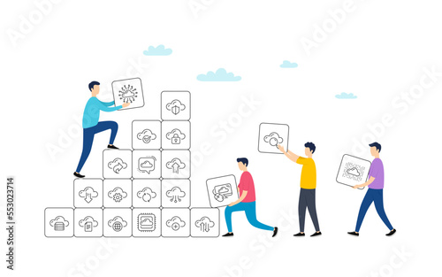 Cloud data and technology line icons. People team work concept. Set of Hosting, Computing data and File storage icons. Archive, Download, Share cloud files. Vector