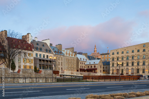  Cityscape of the Dalhousie street and the patrimonial buildings in the Petit-Champlain lower old town sector seen during a pink winter dawn, Quebec City, Quebec, Canada