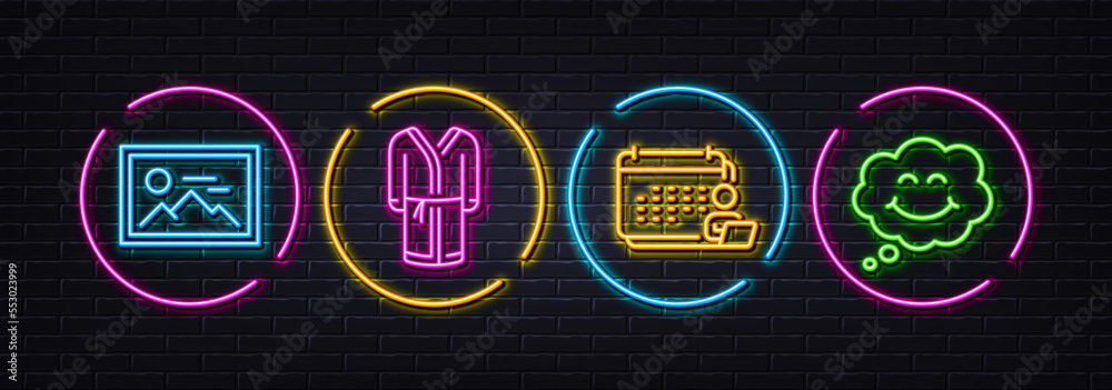 Photo, Bathrobe and Accounting minimal line icons. Neon laser 3d lights. Smile icons. For web, application, printing. Image placeholder, Bath housecoat, Schedule report. Comic chat. Vector