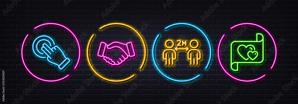 Touchscreen gesture, Social distancing and Handshake minimal line icons. Neon laser 3d lights. Love letter icons. For web, application, printing. Click hand, Quarantine, Deal hand. Heart. Vector