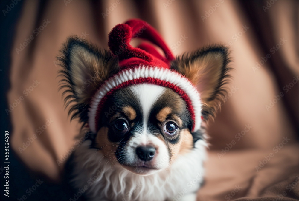 an adorable young papillon puppy dog wearing a Santa hat