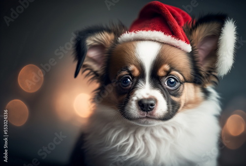 an adorable young papillon puppy dog wearing a Santa hat