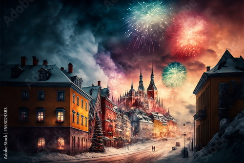 beautiful colorful fireworks, Christmas art, beautiful winter colorful nature