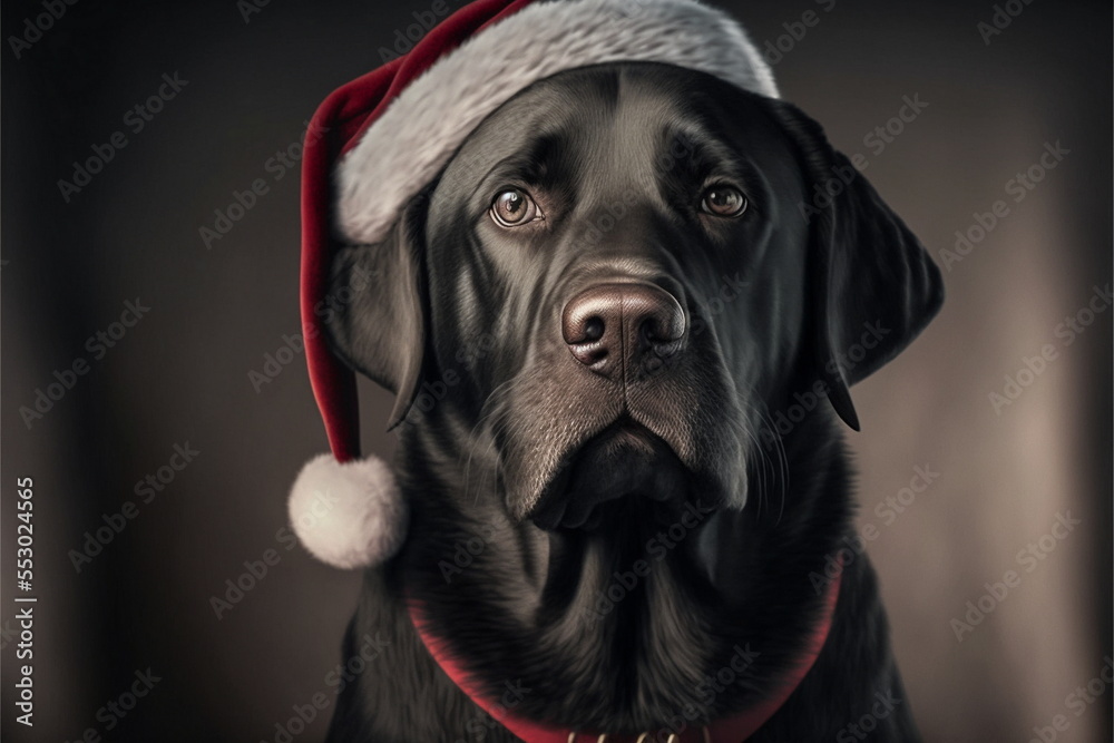 Black Labrador dog dressed as Father Christmas, cute and funny Christmas card design