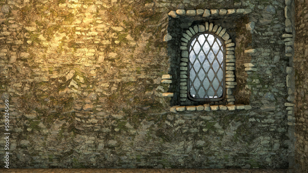 Old stone wall with window, 3D illustration