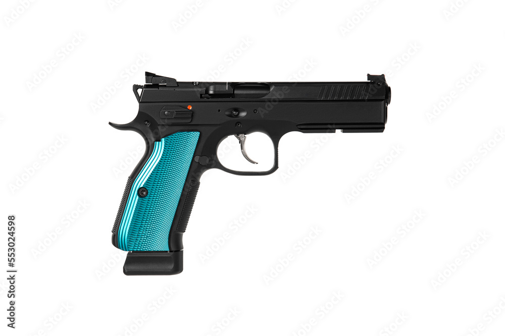 Modern semi-automatic pistol. A short-barreled weapon for self-defense and sport.  Isolate on a white back.