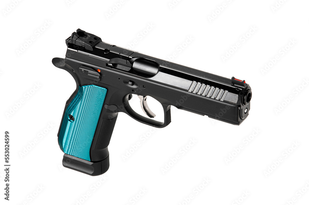 Modern semi-automatic pistol. A short-barreled weapon for self-defense and sport. Isolate on a white back. Modern semi-automatic pistol. A short-barreled weapon for self-defense and sport. Isolate on a white back.