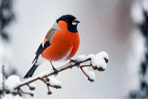Leinwand Poster Bullfinch bird sitting on the snow capped branch