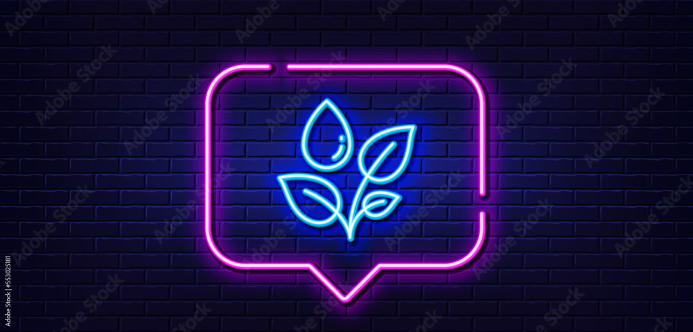 Neon light speech bubble. Plants watering line icon. Leaves dew sign. Environmental care symbol. Neon light background. Plants watering glow line. Brick wall banner. Vector Neon light speech bubble. Plants watering line icon. Leaves dew sign. Environmental care symbol. Neon light background. Plants watering glow line. Brick wall banner. Vector