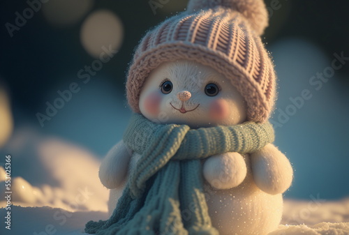 fluffy cute baby snowman+ woolen scarf, big Knitted hat, Small eyes,Sitting in the snow