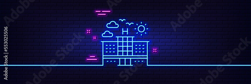 Neon light glow effect. Hotel line icon. Travel sign. Holidays building symbol. 3d line neon glow icon. Brick wall banner. Hotel outline. Vector
