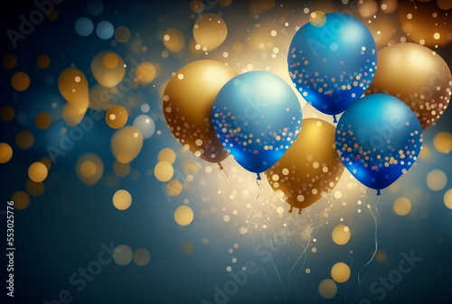 Realistic Festive background with golden and blue balloons falling confetti blurry background and a bokeh lights