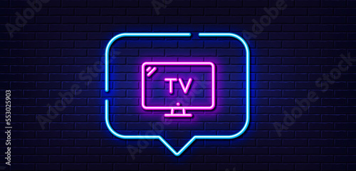 Neon light speech bubble. TV line icon. Television sign. Hotel service symbol. Neon light background. Tv glow line. Brick wall banner. Vector