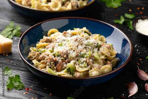 Broccoli Bolognese with Orecchiette pasta, sausage meat and parmesan cheese