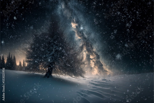 snow dust, stars in the sky
