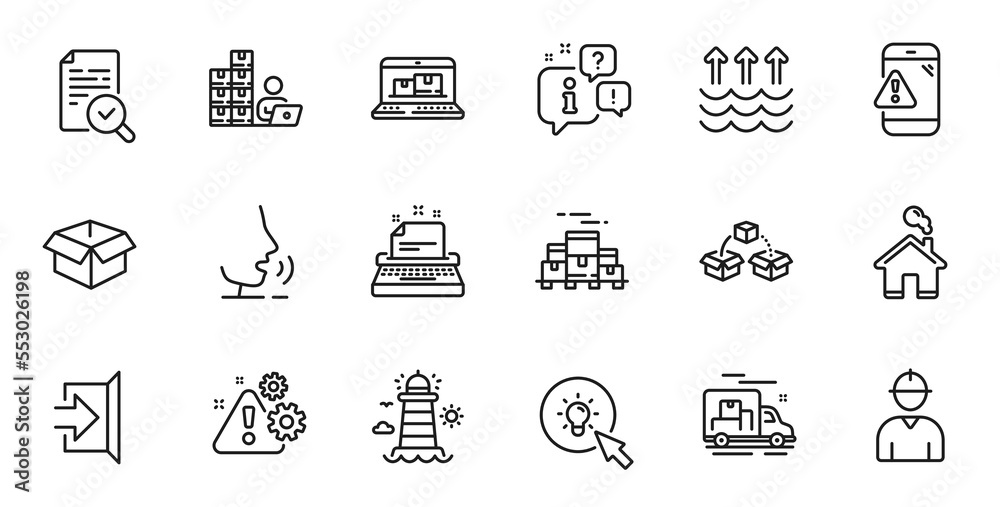 Outline set of Warning, Evaporation and Parcel shipping line icons for web application. Talk, information, delivery truck outline icon. Include Lighthouse, Opened box, Exit icons. Vector