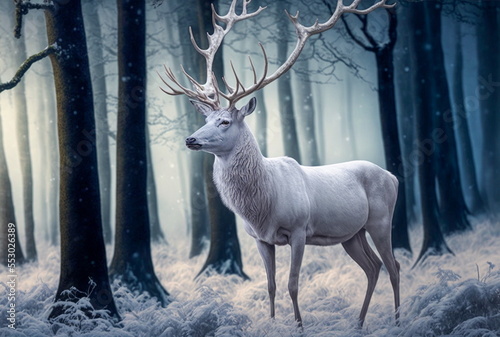 A white stag stands next to a lighted Christmas tree in the forest with a wintry atmosphere