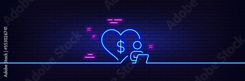 Neon light glow effect. Volunteer care line icon. Online charity sign. Donation service symbol. 3d line neon glow icon. Brick wall banner. Volunteer outline. Vector