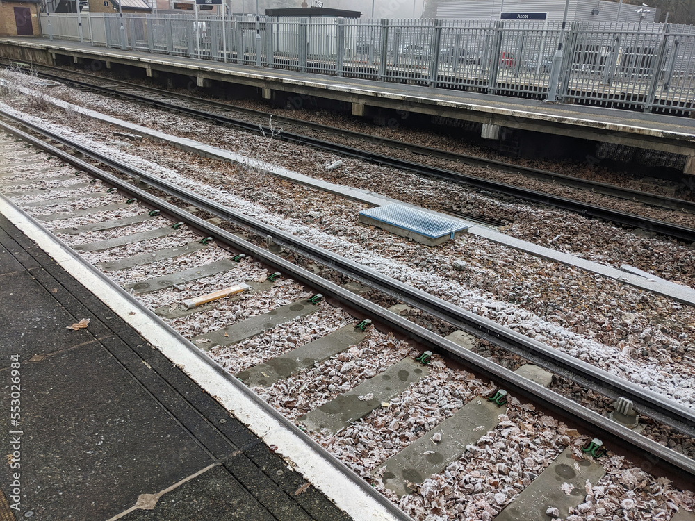 A Railway Train Station Line Tracks on a Frosty Morning Transport A Railway Train Station Line Tracks on a Frosty Morning Transport