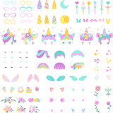 Unicorn faces elements bundle. Unicorns created kit, sweets and floral wreaths. Rainbow pony ears, emotions and lashes. Cartoon nowaday vector set