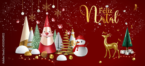 cartão ou banner para desejar um Feliz Natal em ouro em um fundo gradiente bordô com lantejoulas e em cada lado um Papai Noel, boneco de neve, renas e presentes