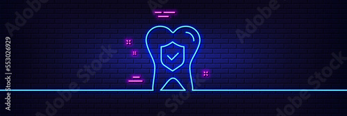 Neon light glow effect. Dental insurance line icon. Oral medicine risk coverage sign. Teeth care symbol. 3d line neon glow icon. Brick wall banner. Dental insurance outline. Vector