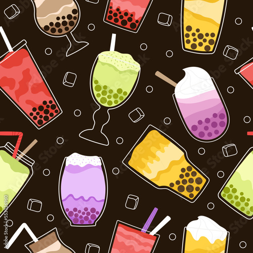 Bubble tea seamless pattern. Bubbles boba drink, milk shakes background. Sweet breakfast, cartoon kitchen or cafe decent vector textile print