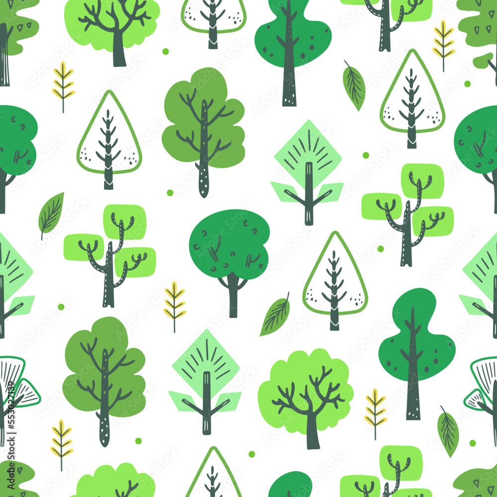 Abstract cartoon doodle tree seamless pattern. Woodland decorative texture, forest trees or nordic garden childish neoteric vector textile print design