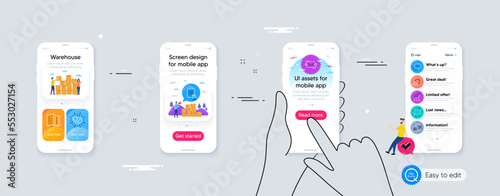 Outline set of Ranking stars, Refresh mail and Buildings line icons for web application. Phone ui interface. Include Justice scales, Text message, Medical drugs icons. Vector