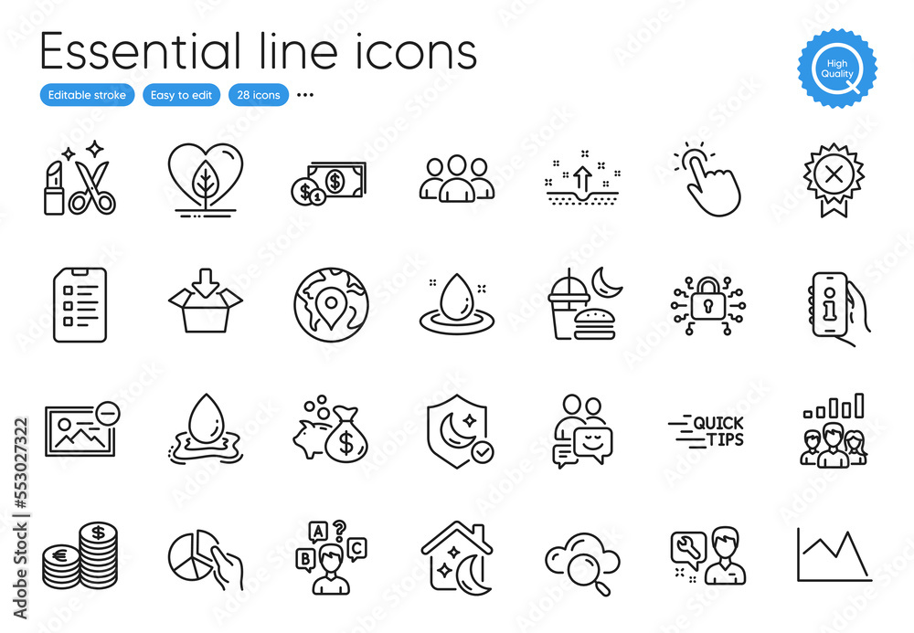 Get box, Group and Pin line icons. Collection of Communication, Loan, Teamwork results icons. Quiz test, Remove image, Security lock web elements. Pie chart, Line chart, Touchpoint. Vector