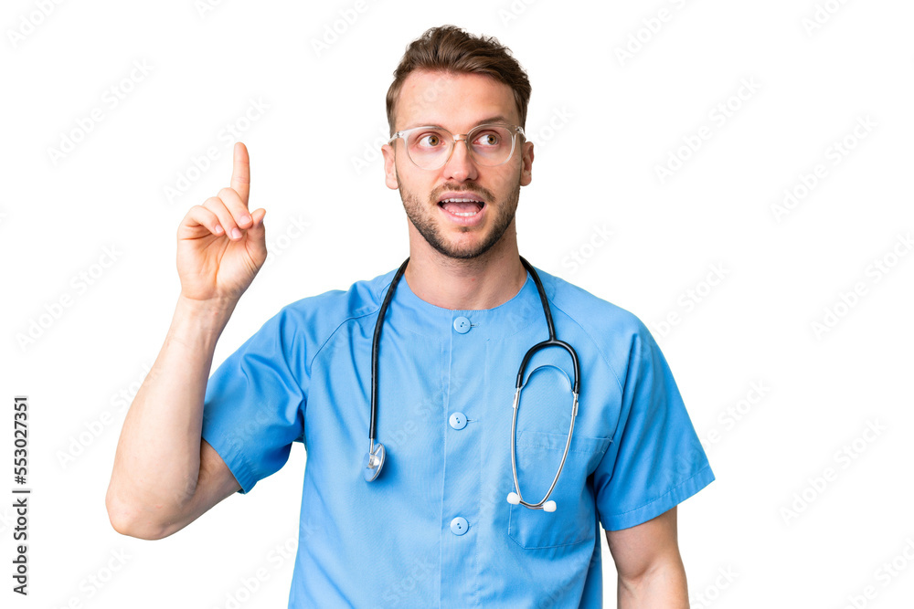 Young nurse man over isolated chroma key background intending to realizes the solution while lifting a finger up Young nurse man over isolated chroma key background intending to realizes the solution while lifting a finger up