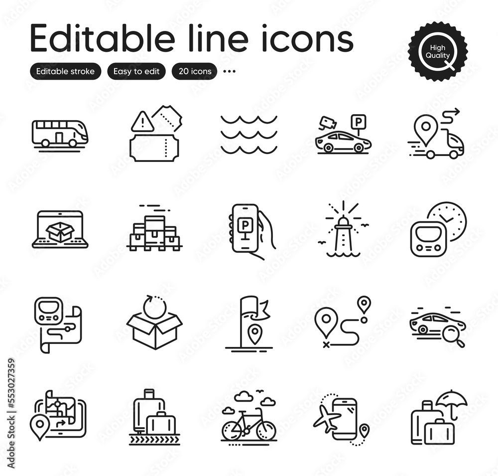 Set of Transportation outline icons. Contains icons as Metro map, Luggage insurance and Flag elements. Boxes pallet, Baggage reclaim, Journey web signs. Bike rental, Waves. Vector Set of Transportation outline icons. Contains icons as Metro map, Luggage insurance and Flag elements. Boxes pallet, Baggage reclaim, Journey web signs. Bike rental, Waves. Vector