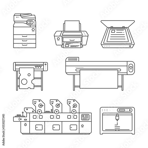 Collection of linear,flat Offset Printer,3D printer,Scanner,Laser printer,Plotter machine,Cutting plotter,InkJet printer,Copy Machine,photo,large format Printer.Vector illustration. Isolated on white