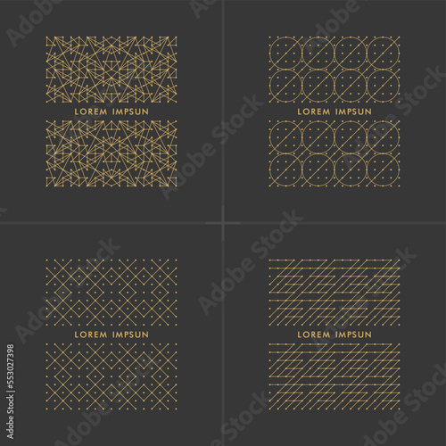Collection of gold geometric Frames with copy space for text in trendy mono line style. Luxury Monogram and Emblem Elements.Outline design.Linear,art deco,vintage,mystic style