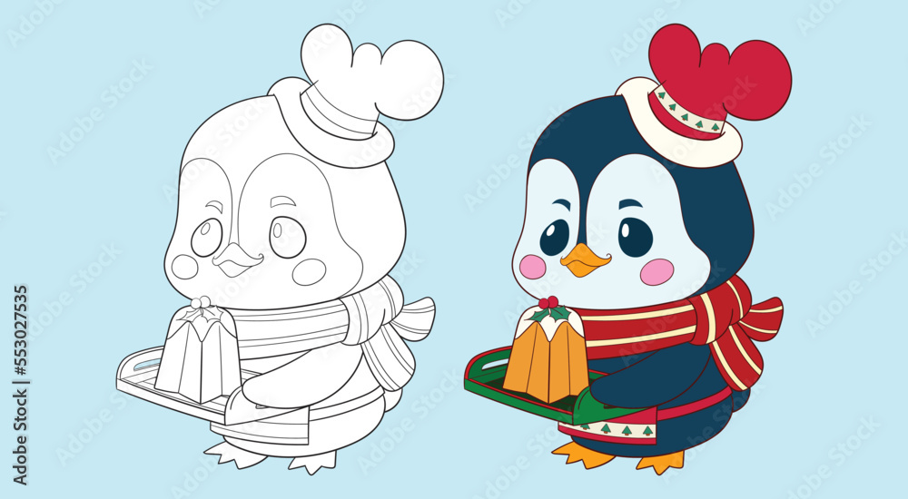 penguin cook carrying pandoro on a tray penguin cook carrying pandoro on a tray