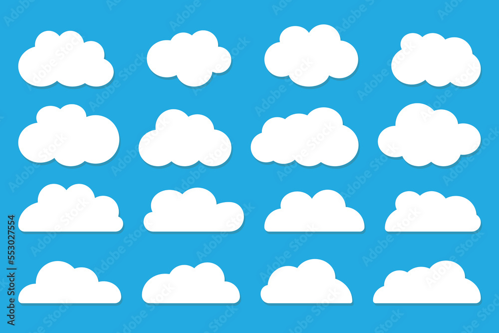 Cloud shapes. Clouds pack in flat style for design element in white with shadow.