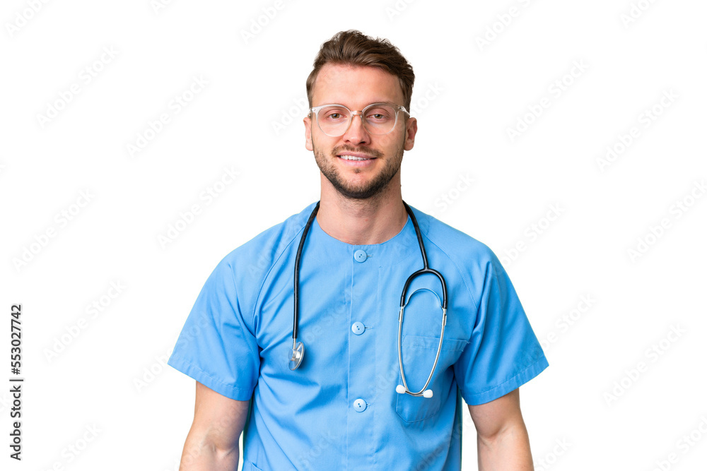 Young nurse man over isolated chroma key background with glasses and happy Young nurse man over isolated chroma key background with glasses and happy