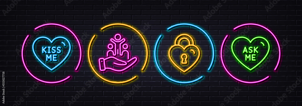 Love lock, Inclusion and Kiss me minimal line icons. Neon laser 3d lights. Ask me icons. For web, application, printing. Bridge locker, Equity justice, Love sweetheart. Neon lights buttons. Vector Love lock, Inclusion and Kiss me minimal line icons. Neon laser 3d lights. Ask me icons. For web, application, printing. Bridge locker, Equity justice, Love sweetheart. Neon lights buttons. Vector