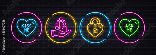 Love lock, Inclusion and Kiss me minimal line icons. Neon laser 3d lights. Ask me icons. For web, application, printing. Bridge locker, Equity justice, Love sweetheart. Neon lights buttons. Vector