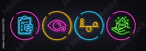 Eye checklist, Farsightedness and Balance minimal line icons. Neon laser 3d lights. Skin care icons. For web, application, printing. Optometry, Eye vision, Concentration. Hand cream. Vector