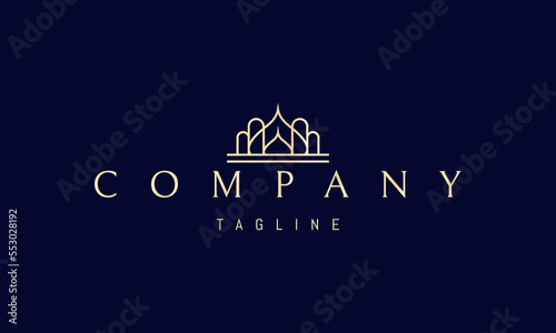 Vector golden logo on which an abstract image of a palace with arches in a linear style.