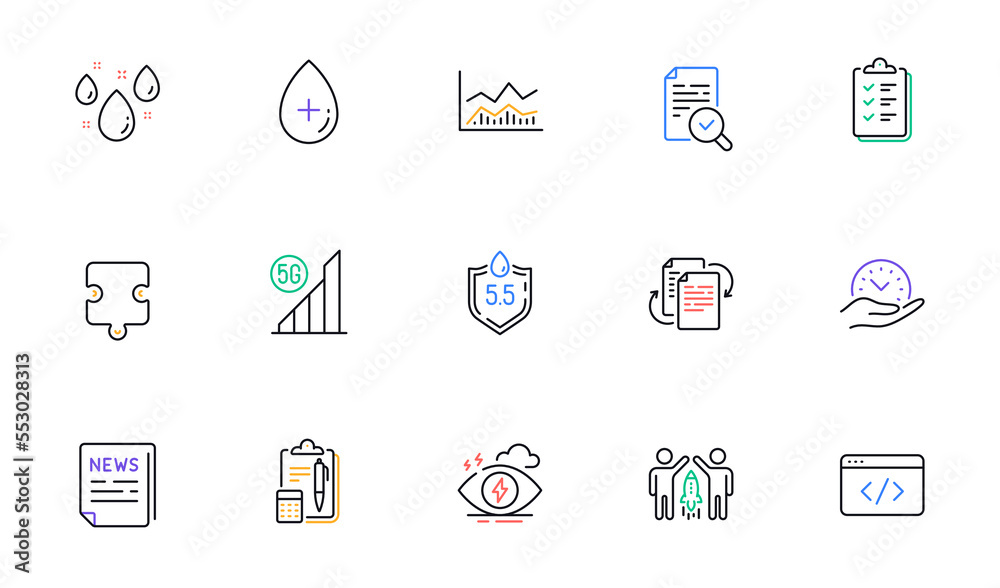 Fake news, Puzzle and Inspect line icons for website, printing. Collection of Seo script, Safe time, Oil serum icons. Stress, Bureaucracy, Checklist web elements. Accounting. Vector